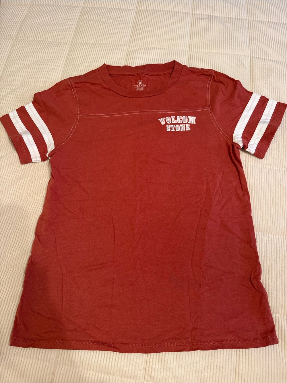 Volcom Burgundy Tee with White Sleeve Stripes